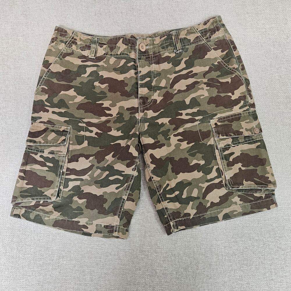 Mens Vintage Y2K Unique Slub Denim Camo Cargo Shorts Size 32 – Excellent